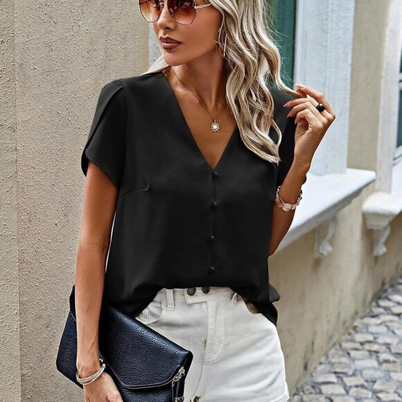 Short Sleeve Women's Blouse - Black, Small, Chiffon, Casual Dressy Spring Summer - Picture 3 of 7